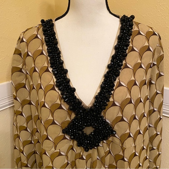 DG2 Tunic; Large; Colors of Cream, Brown, Olive Green adorn w/ Black Beads; NWOT - Picture 2 of 7